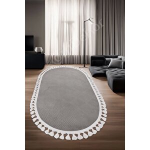 Halı Cool Gri Pramit Desenli Yıkanabilir Saçaklı Oval Yolluk Kilim Salon Halısı Modelleri 120x180 cm