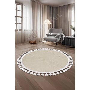 Halı Cool Krem Sahra Kaymaz Yıkanabilir Saçaklı Yuvarlak Yolluk Salon Halısı Modelleri 130x130 cm