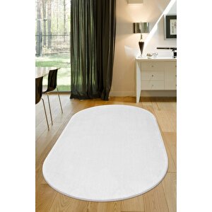 Beyaz Oval Post Dokuma Halı Peluş Yumuşacık Kaymaz Antibakteriyel 80x150 cm