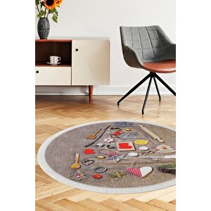 Kahve Mutfak Halısı Saçaklı Dijital Yuvarlak Halı Kaymaz Yıkanabilir 100x100 120x120 cm