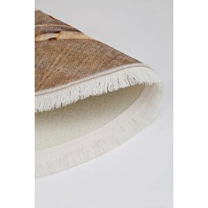 Kahve Mutfak Halısı Saçaklı Dijital Yuvarlak Halı Kaymaz Yıkanabilir 100x100 120x120 cm