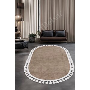 Avangard Oval Halı Pramit Kahve Salon Koridor Antre Mutfak Halısı Silinebilir Ponpon Saçak 80x550 cm