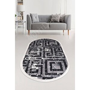 Halı Siyah Cool K1320 Saçaklı Oval Kaymaz Kesme Ince Yolluk Kilim Salon Halısı Modelleri 60x500 cm