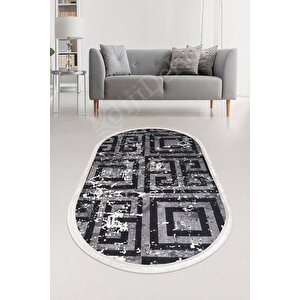 Halı Siyah Cool K1320 Saçaklı Oval Kaymaz Kesme Ince Yolluk Kilim Salon Halısı Modelleri 180x350 cm