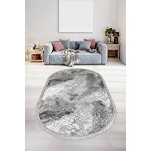 Delüxe Antrasit Saçaklı Oval Halı Yeni Kabartmalı Model Salon Halısı 80x650 cm