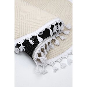 Avangard Oval Halı Pramit Krem Salon Koridor Antre Mutfak Halısı Silinebilir Ponpon Saçak