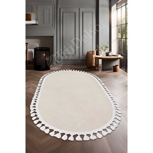 Avangard Oval Halı Pramit Krem Salon Koridor Antre Mutfak Halısı Silinebilir Ponpon Saçak 120x180 cm