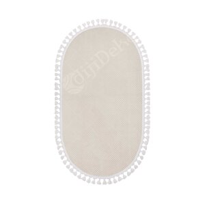Avangard Oval Halı Pramit Krem Salon Koridor Antre Mutfak Halısı Silinebilir Ponpon Saçak 120x180 cm