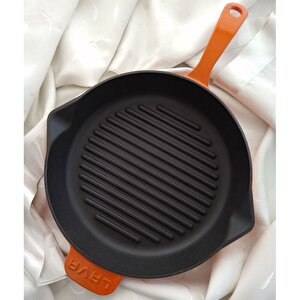 Döküm Yuvarlak Izgara Tava Çap(ø)28cm. Döküm Demir Yekpare Saplı - Turuncu