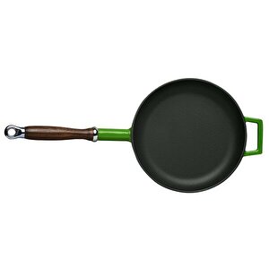 Döküm Yuvarlak Kızartma Tavası Çap(ø)24cm Döküm Demir Ahşap Saplı. - Yeşil