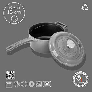 Lava Döküm Yuvarlak Sos Tenceresi Çap(ø)16cm. Döküm Demir Yekpare Saplı Premium Serisi - Majolica Gri