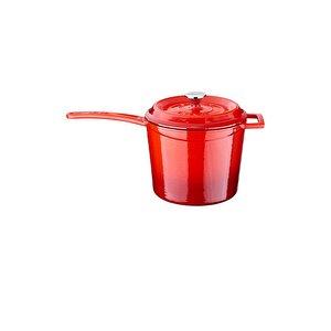 Döküm Yuvarlak Sos Tenceresi. Çap(ø18 Cm. Döküm Demir Yekpare Saplı Trendy Serisi - Kırmızı