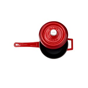 Döküm Yuvarlak Sos Tenceresi. Çap(ø18 Cm. Döküm Demir Yekpare Saplı Trendy Serisi - Kırmızı