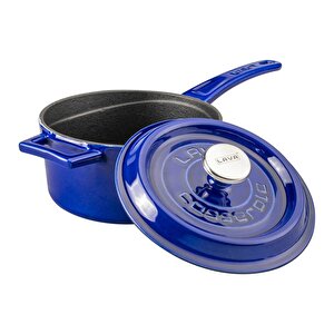Döküm Yuvarlak Sos Tenceresi  Çap(ø)16cm.  Döküm Demir Yekpare Saplı Premium Serisi - Majolica Mavi