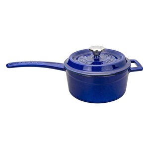Döküm Yuvarlak Sos Tenceresi  Çap(ø)16cm.  Döküm Demir Yekpare Saplı Premium Serisi - Majolica Mavi