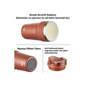 Tkk Yeni Koleksiyon 630ml Pipetli / Pipetsiz Kullanım Askılı Paslanmaz Çelik Termos Kahve Mug Matara Kırmızı
