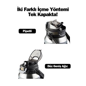 Tkk Yeni Koleksiyon Mega Boy 1500ml Pipetli/pipetsiz Kullanım Askılı Paslanmaz Çelik Termos Matara Siyah