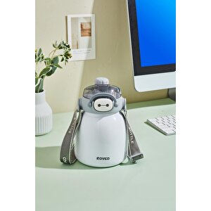 Rovco 1000ml Çelik Termos Çift Kullanım Pipetli/ Rahat Içim Askılı Sticker Hediyeli 6 Saat Sıcak-soğuk Yalıtım Beyaz