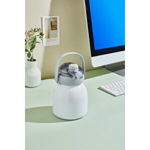Rovco 1000ml Çelik Termos Çift Kullanım Pipetli/ Rahat Içim Askılı Sticker Hediyeli 6 Saat Sıcak-soğuk Yalıtım Beyaz