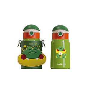 Cocosmile 470ml Sevimli Hayvanlar Kılıflı Pipetli Askılı Çelik Termos Çocuk Matarası Timsah