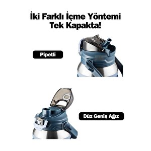 Tkk Yeni Koleksiyon Büyük Boy 1000ml Pipetli/pipetsiz Kullanım Askılı Paslanmaz Çelik Termos Matara Lacivert