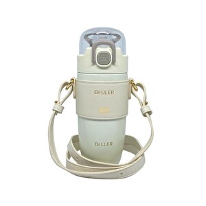 Diller 360ml Moda Deri Kılıflı Pipetli Askılı Pastel Renkli Paslanmaz Çelik Termos Matara Beyaz
