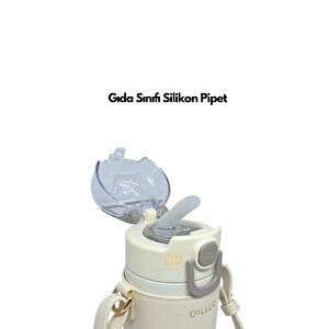 Diller 360ml Moda Deri Kılıflı Pipetli Askılı Pastel Renkli Paslanmaz Çelik Termos Matara Beyaz