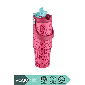 900ml Desenli Pipetli/pipetsiz Çift İçim Kulplu Kahve Bardağı/mug Paslanmaz Çelik Termos Pembe Turkuaz
