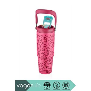 900ml Desenli Pipetli/pipetsiz Çift İçim Kulplu Kahve Bardağı/mug Paslanmaz Çelik Termos Pembe Turkuaz