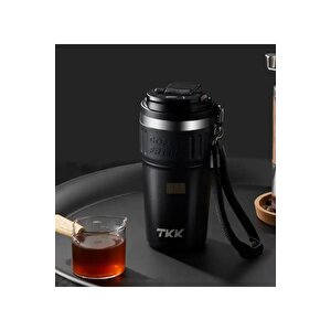 Tkk Yeni Koleksiyon 630ml Pipetli / Pipetsiz Kullanım Askılı Paslanmaz Çelik Termos Kahve Mug Matara Parlak Siyah