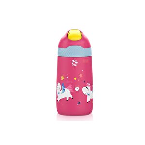 350ml Pipetli Desenli Kulplu 6 Saat Sıcak 12 Saat Soğuk Çelik Termos Matarası Pembe Unicorn