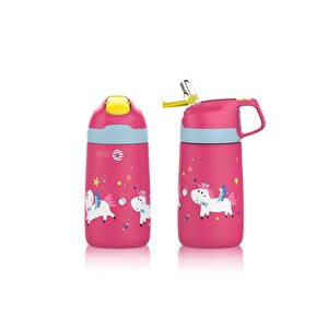 350ml Pipetli Desenli Kulplu 6 Saat Sıcak 12 Saat Soğuk Çelik Termos Matarası Pembe Unicorn