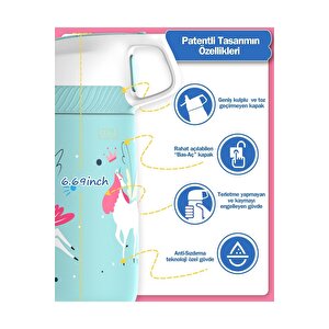 Vagonlife 350ml Pipetli Desenli Kulplu 6 Saat Sıcak 12 Saat Soğuk Çelik Termos Matarası Pembe Unicorn