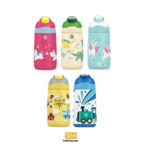 Vagonlife 350ml Pipetli Desenli Kulplu 6 Saat Sıcak 12 Saat Soğuk Çelik Termos Matarası Pembe Unicorn