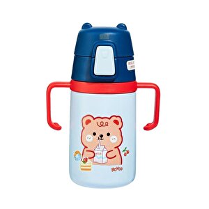 Rovco 400ml Silikon Pipetli Sevimli Ayıcıklı Boyun Askılı Bebek Kulplu Paslanmaz Çelik Termos Lacivert