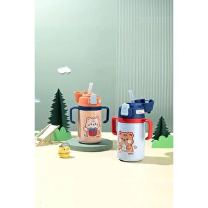 Vagonlife Rovco 400ml Silikon Pipetli Sevimli Ayıcıklı Boyun Askılı Bebek Kulplu Paslanmaz Çelik Termos Lacivert