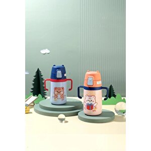 Vagonlife Rovco 400ml Silikon Pipetli Sevimli Ayıcıklı Boyun Askılı Bebek Kulplu Paslanmaz Çelik Termos Lacivert