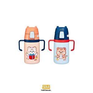 Vagonlife Rovco 400ml Silikon Pipetli Sevimli Ayıcıklı Boyun Askılı Bebek Kulplu Paslanmaz Çelik Termos Lacivert
