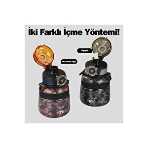 Vagonlife Tkk Yeni Koleksiyon 600ml Pipetli/pipetsiz Kullanım Askılı Paslanmaz Çelik Termos Matara Gri-yeşil