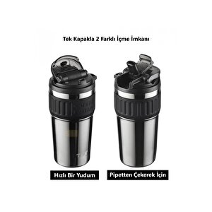 Vagonlife Tkk Yeni Koleksiyon 630ml Pipetli / Pipetsiz Kullanım Askılı Paslanmaz Çelik Termos Kahve Mug Matara Parlak Çelik