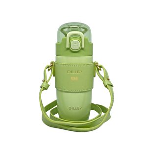 Diller 360ml Moda Deri Kılıflı Pipetli Askılı Pastel Renkli Paslanmaz Çelik Termos Matara Açık Yeşil