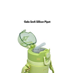 Diller 360ml Moda Deri Kılıflı Pipetli Askılı Pastel Renkli Paslanmaz Çelik Termos Matara Açık Yeşil