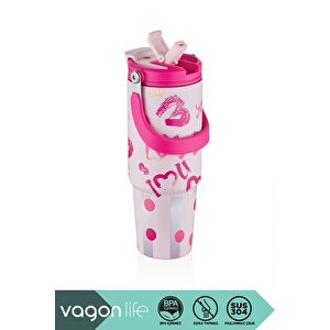900ml Desenli Pipetli/pipetsiz Çift İçim Kulplu Kahve Bardağı/mug Paslanmaz Çelik Termos Pudra Pembe
