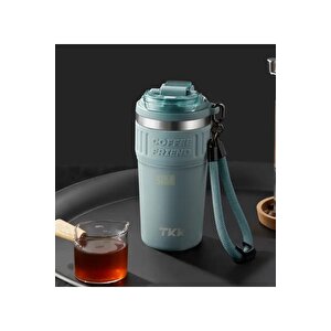 Tkk Yeni Koleksiyon 630ml Pipetli / Pipetsiz Kullanım Askılı Paslanmaz Çelik Termos Kahve Mug Matara Mavi