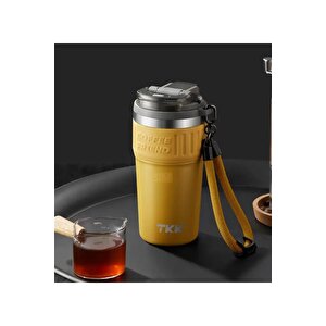 Tkk Yeni Koleksiyon 630ml Pipetli / Pipetsiz Kullanım Askılı Paslanmaz Çelik Termos Kahve Mug Matara Sarı
