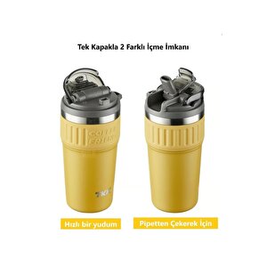 Vagonlife Tkk Yeni Koleksiyon 630ml Pipetli / Pipetsiz Kullanım Askılı Paslanmaz Çelik Termos Kahve Mug Matara Sarı