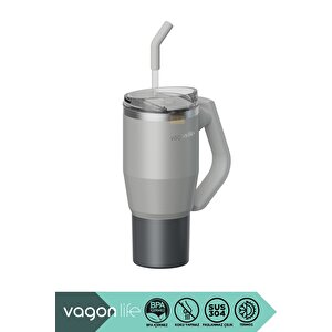 Tumbler 950ml Yeni Koleksiyon Pipetli/pipetsiz Kullanım Fonksiyonel Kulplu Paslanmaz Çelik Termos Gri