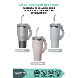 Vagonlife Tumbler 950ml Yeni Koleksiyon Pipetli/pipetsiz Kullanım Fonksiyonel Kulplu Paslanmaz Çelik Termos Gri
