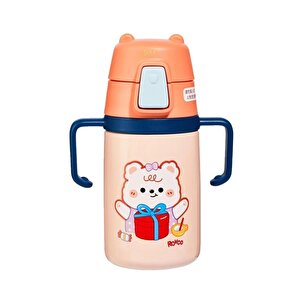 Rovco 400ml Silikon Pipetli Sevimli Ayıcıklı Boyun Askılı Bebek Kulplu Paslanmaz Çelik Termos Turuncu