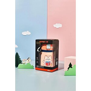Rovco 400ml Silikon Pipetli Sevimli Ayıcıklı Boyun Askılı Bebek Kulplu Paslanmaz Çelik Termos Turuncu